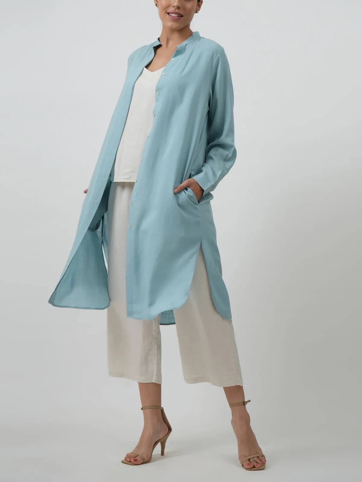 Florence Set Of 3 Long Shirt Overlay Slip Top & Pants White & Powder Blue