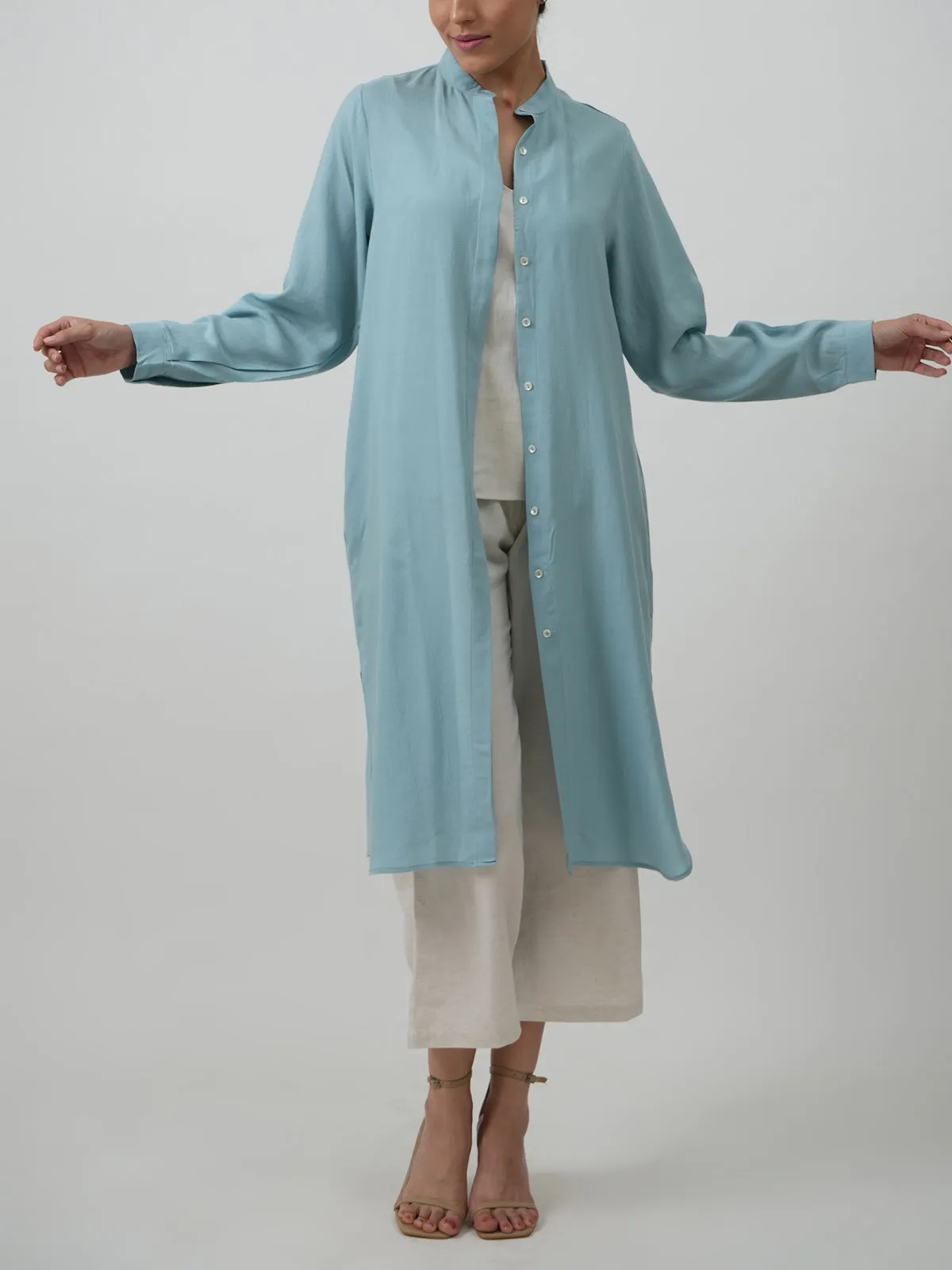 Florence Set Of 3 Long Shirt Overlay Slip Top & Pants White & Powder Blue