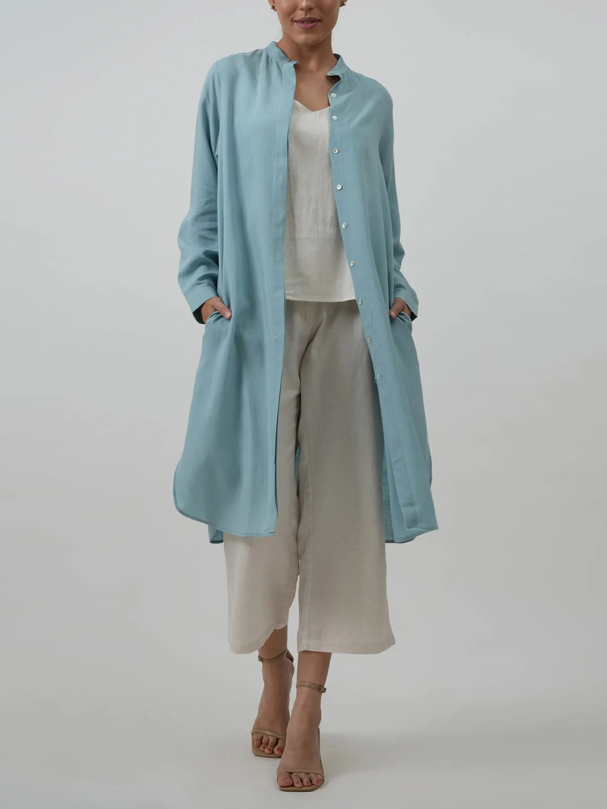 Florence Set Of 3 Long Shirt Overlay Slip Top & Pants White & Powder Blue