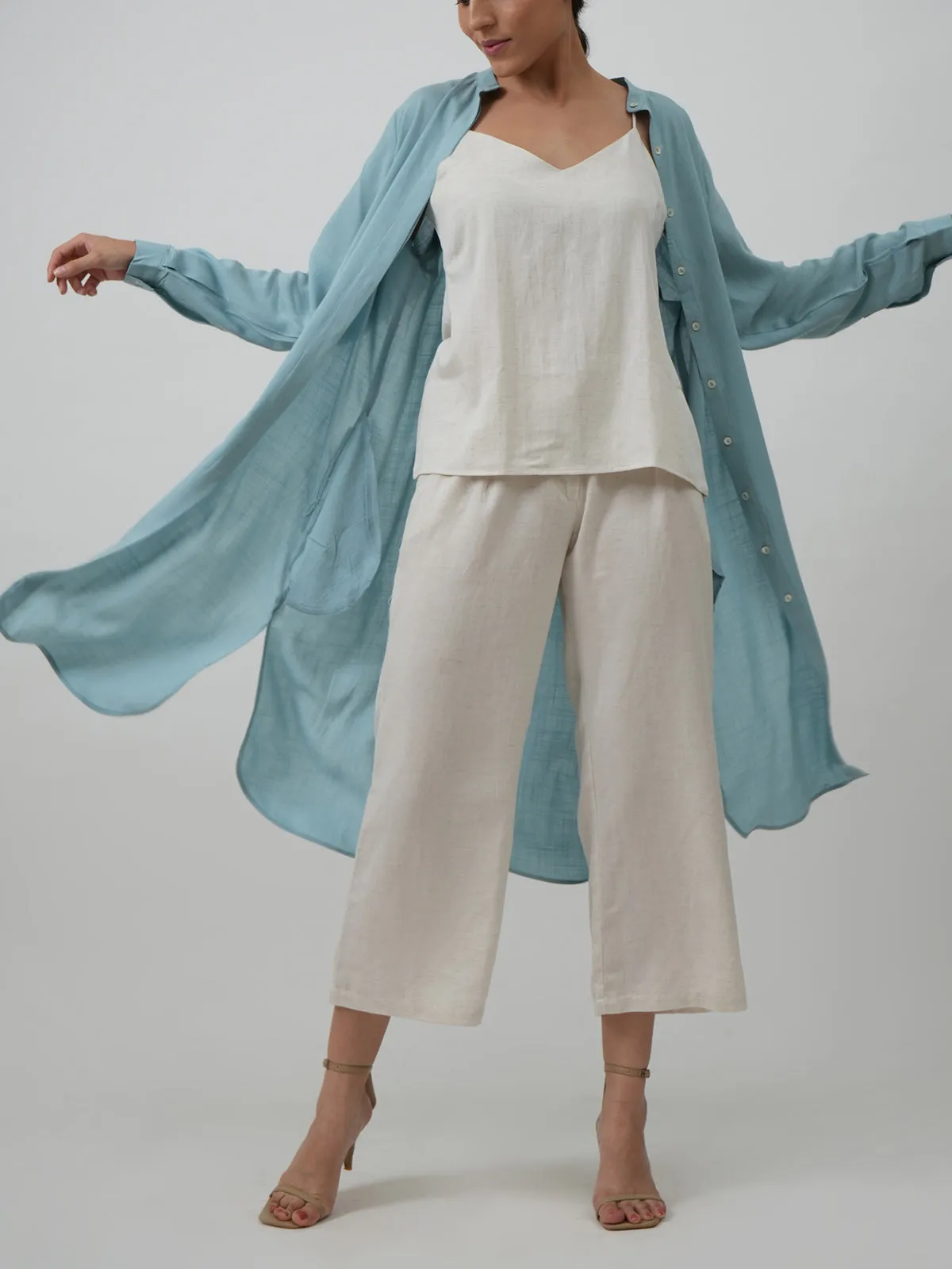 Florence Set Of 3 Long Shirt Overlay Slip Top & Pants White & Powder Blue