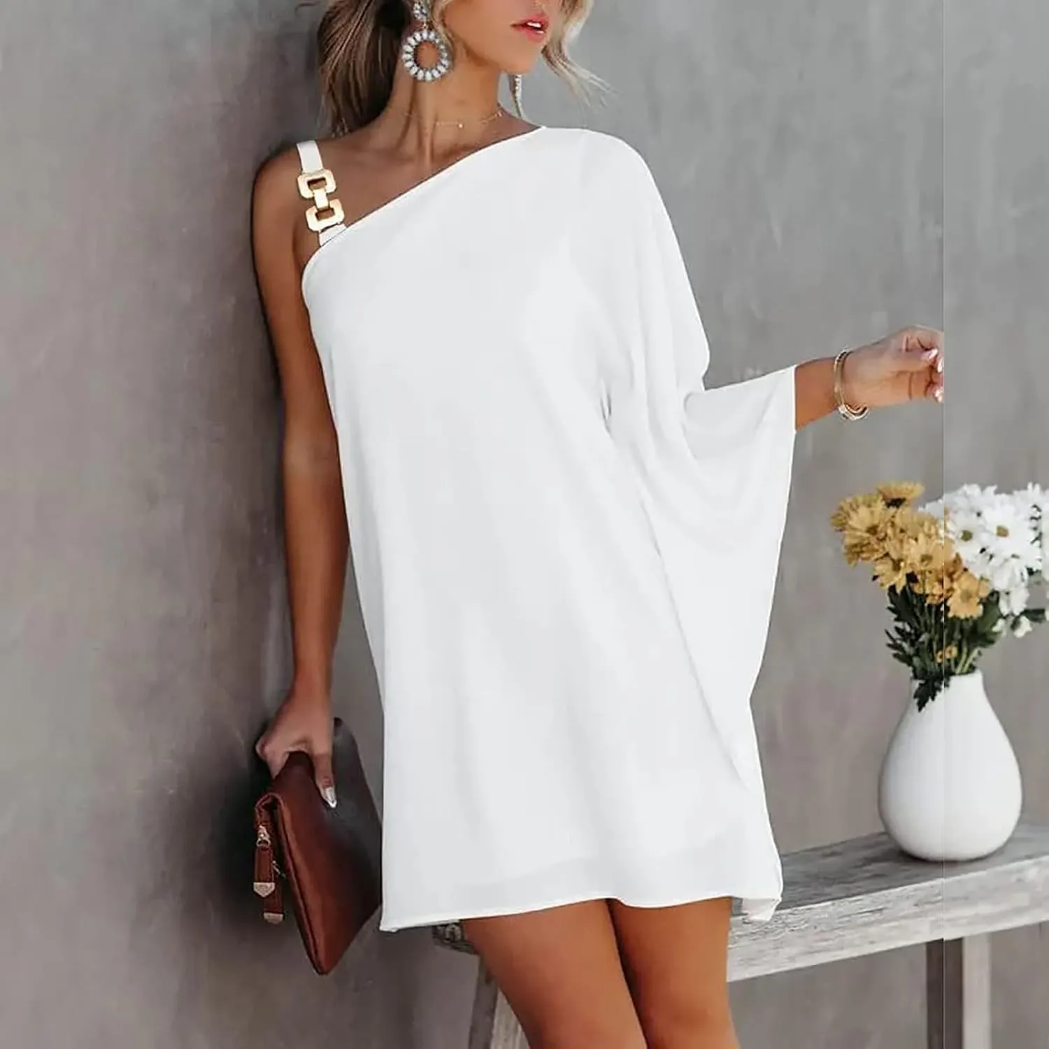 One Shoulder Dresses for Women,2024 Summer Trendy Batwing Sleeve Party Dress,Vintage Graphic Flowy Wedding Guest Dress