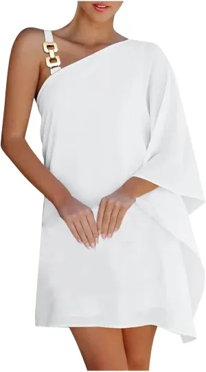 One Shoulder Dresses for Women,2024 Summer Trendy Batwing Sleeve Party Dress,Vintage Graphic Flowy Wedding Guest Dress