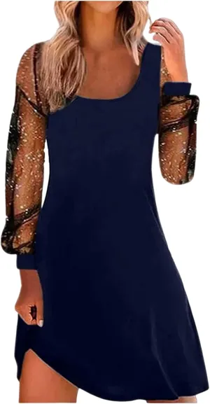 Party Dresses for Women Breathable Elegant Square Neck Sheer Sleeve Mini Dress Fashion Summer A Line Hollow Out Sundresses