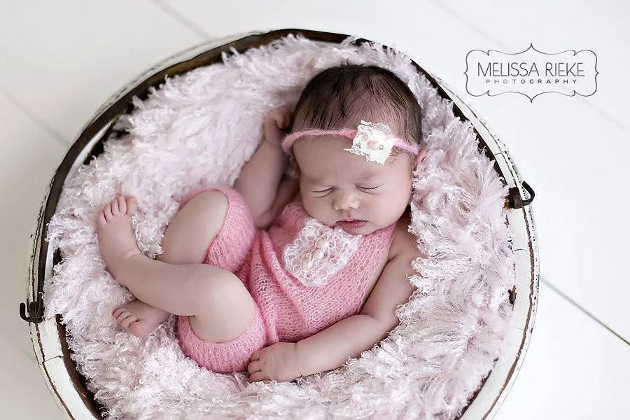 Peach Mohair Overalls Pants and Lace Pearl Headband