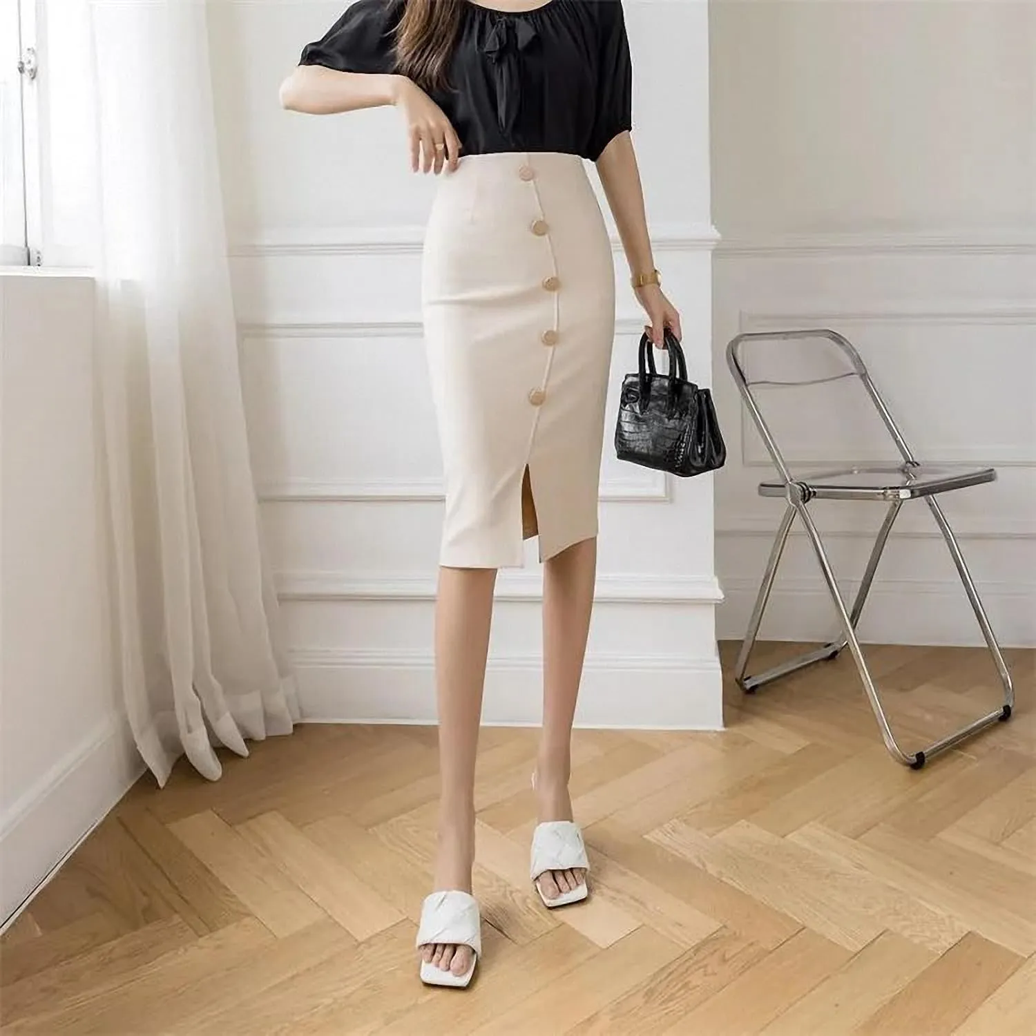 Stretch Women Slim Package Hip Skirts Office Lady Elegant Breasted Casual Bodycon Solid Pencil Skirts