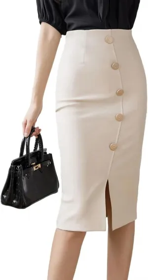 Stretch Women Slim Package Hip Skirts Office Lady Elegant Breasted Casual Bodycon Solid Pencil Skirts