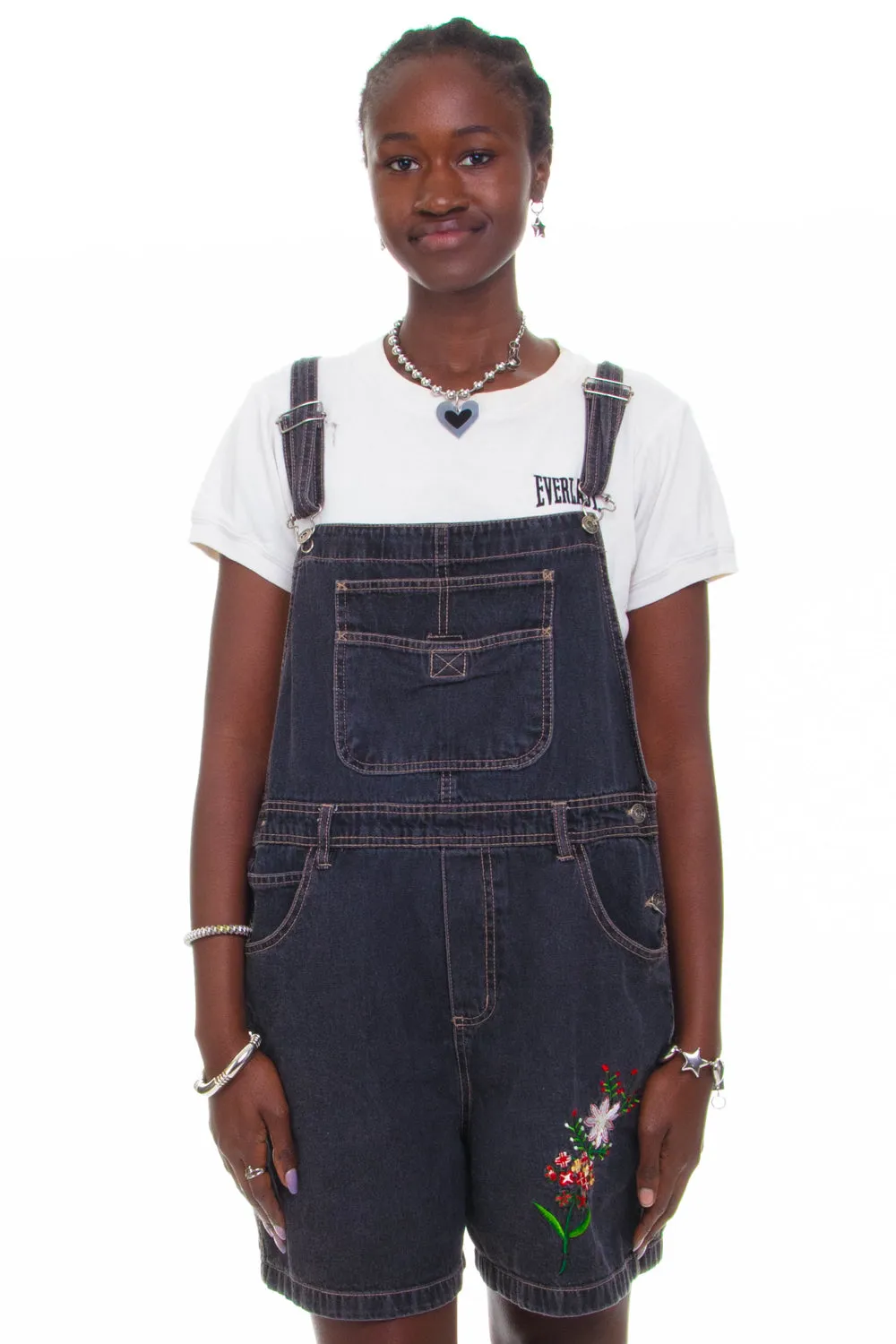 Vintage 90's Flower Charcoal Denim Overalls - OSFM