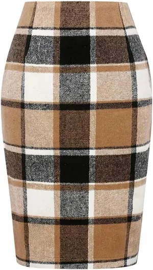 Women Preppy Style and Office Pencil Plaid Skirt Slim Fit Pencil Mini Skirt