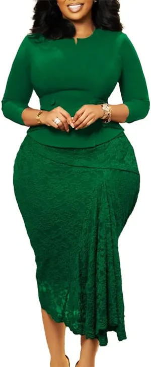 Women's Elegant Bodycon Dress Lace Hem Long Sleeve Solid Color Crewneck Wear to Work Midi Pencil Dresses